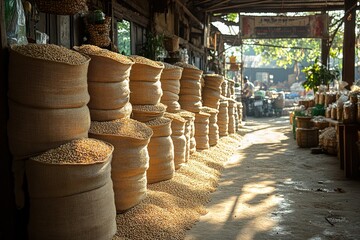 Sunlit market stall, sacks of grain.