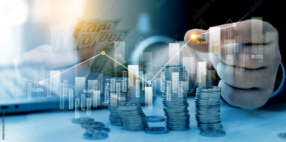 Poster saving money concept.stack of coins with trading price graph growth.money business financial graph d