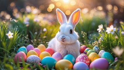 White rabbit surrounded by colorful eggs in a sunny spring meadow setting