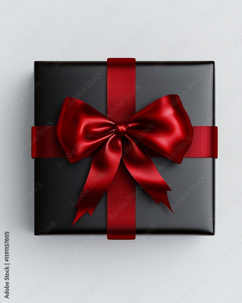 Poster detailed 3d rendering of a closed gift box wrapped in shiny red satin ribbon the bow intricately tie