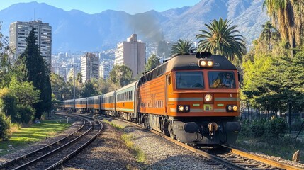 Obraz premium Orange Train in Urban Landscape