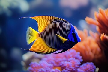 Obraz premium Emperor angelfish surrounded by colorful corals in tranquil reef