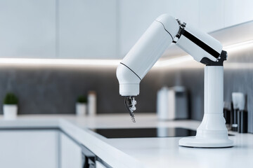 Robotic arm assists in modern kitchen with sleek design and advanced technology for everyday tasks