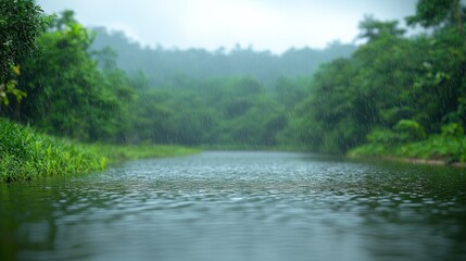 Rainy day at lush green river.