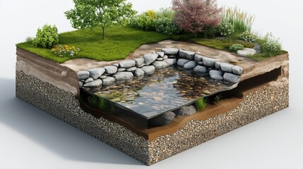 Cross-section diagram illustrating the construction of an artificial pond, highlighting the different layers involved, including soil, gravel, and a waterproof liner