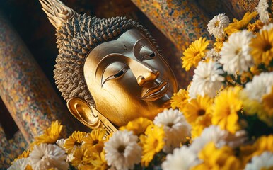 Fototapeta premium A golden Buddha statue lies in the corner of an ancient temple, surrounded by yellow and white flowers