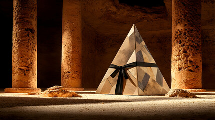Pyramid-shaped gift box in ancient ruins.