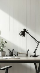 Modern Workspace Desk with Black Lamp and Minimalist Decor