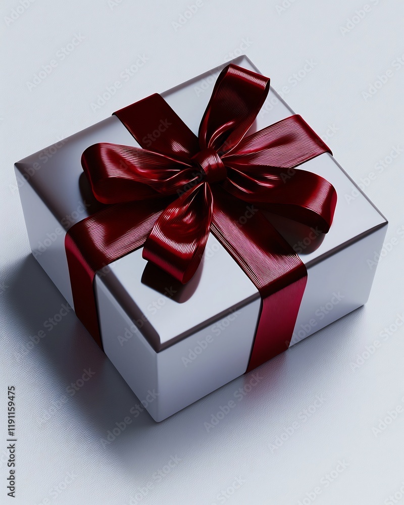 Poster detailed 3d rendering of a closed gift box wrapped in shimmering shiny red satin ribbon the bow intr