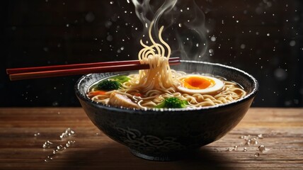 Deliciously Steaming Bowl of Ramen Noodles with Soft-Boiled Egg, Broccoli, and Bright Water Droplets, Perfectly Captured for Food Lovers and Culinary