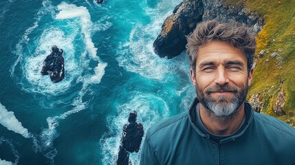 Happy man enjoying scenic coastal view.