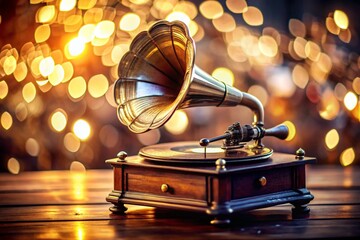 Vintage Gramophone Playing Music with Bokeh Background - Retro Audio Nostalgia