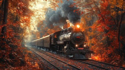 Naklejka premium Autumnal steam train journeys through forest.