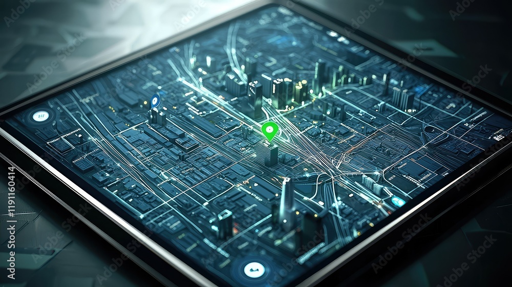 Poster modern digital map display on tablet device in urban environment