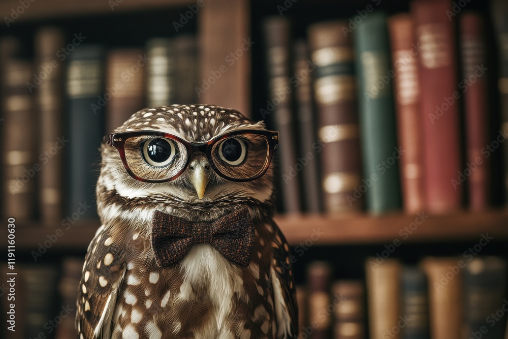 Poster wise owl in glasses and bow tie posing in front of grand bookshelf filled with colorful books. gener
