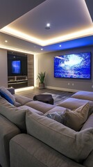 Modern cozy living room with large TV and ambient lighting design