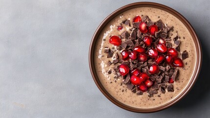 Chia seeds are a vegan superfood ideal for weight loss. Smoothie bowl topped with pomegranate and chocolate pieces.
