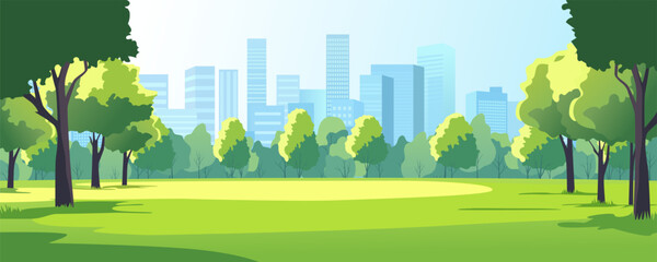 City park in summer. A beautiful park with trees and green grass against the backdrop of skyscrapers and office buildings. City park with lawn in metropolis, vector illustration.