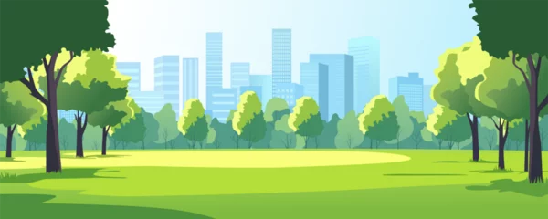 Fototapete Rund City park in summer. A beautiful park with trees and green grass against the backdrop of skyscrapers and office buildings. City park with lawn in metropolis, vector illustration. © LoveSan
