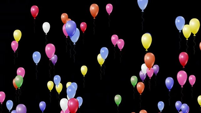 Ascending and flying air balloons in different colors  with 3D effect, animated background or overlay, conecpts, ideas, 4k, transparent background with alpha channel