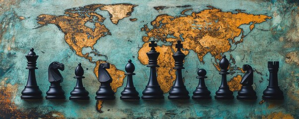A chess set is displayed in front of a vintage world map, symbolizing strategy and global connections.