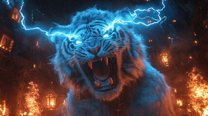 Roaring white tiger with lightning eyes amidst burning buildings.