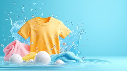 A vibrant display of colorful shirts splashing in water, emphasizing freshness and cleanliness in laundry.