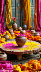 Holi Festival of Colors product display podium background, Earthy Holi celebration, natural wooden stage set in a traditional Indian courtyard, vivid powders, terracotta pots, rich Holi colors, Hindu 