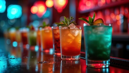 Colorful cocktails line bar counter. Vivid bar lights illuminate drinks. Festive atmosphere. Party night at bar. Selection of drinks. Variety of colours. Mardi Gras theme. Celebration, fun. Close-up