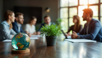 Business people meeting to discuss eco strategies. Corporate team discusses innovative solutions for carbon neutrality. Focused on sustainable corporate goals, climate footprint reduction. Meeting in