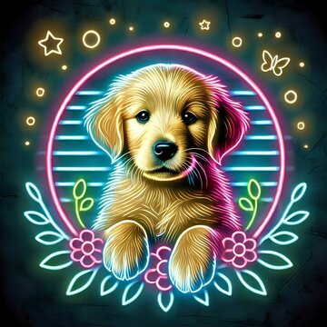A beautiful golden retriever hunting dog, furry, cute, man's best friend and generative ai t-shirt prints in neon art style