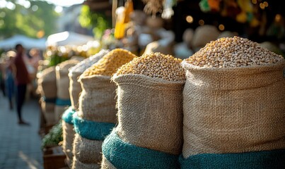 Burlap sacks overflowing with various grains.