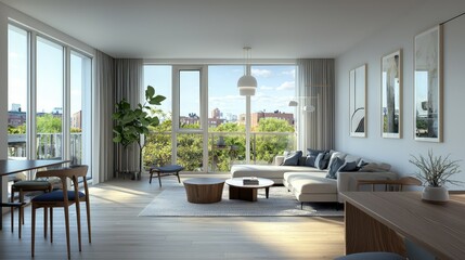 Modern Bright Living Room with Large Windows and Green View
