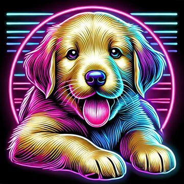 A beautiful golden retriever hunting dog, furry, cute, man's best friend and generative ai t-shirt prints in neon art style