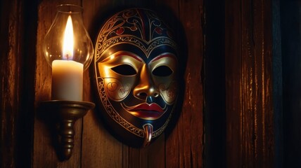 An Enigmatic Glow: The Beauty of a Traditional Decorated Mask Illuminated by Candlelight Against a Rustic Brick