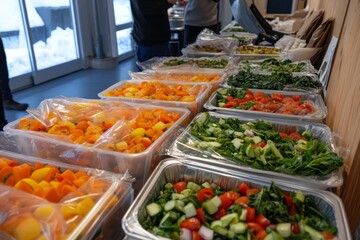 Obraz premium Freshly prepared vegetables displayed at a community event for healthy eating in winter