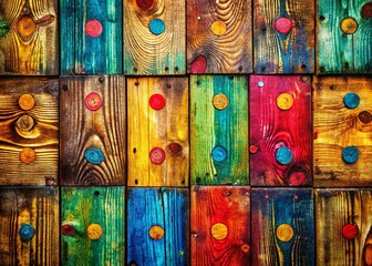 Vintage Multicolor Spot & Square Pattern on Wooden Panel Background - Bokeh Effect Stock Photo