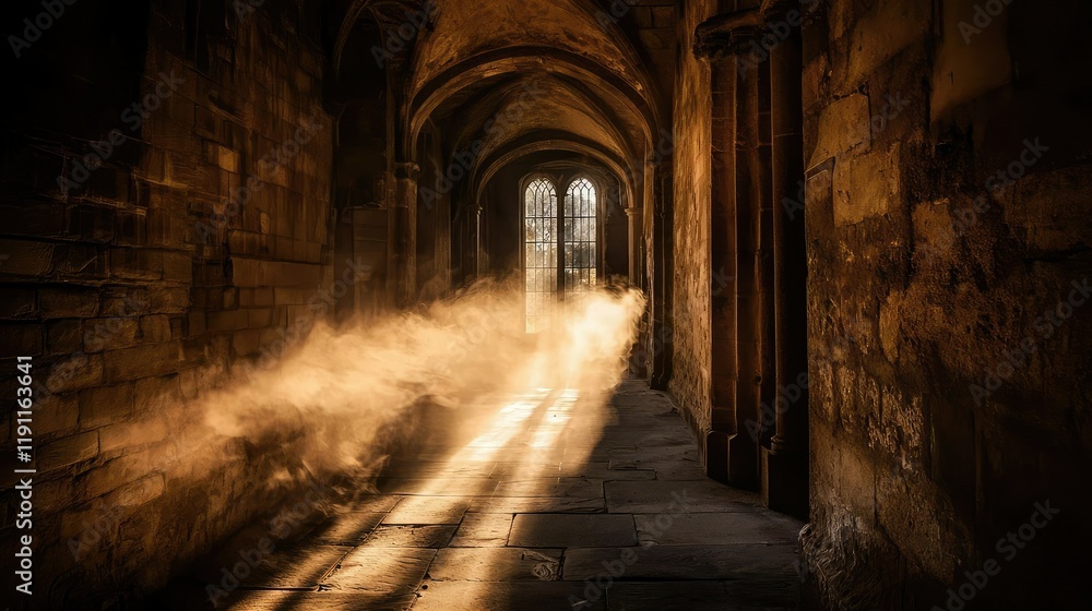 Poster Serene Passage with Soft Light and Mist in Historic Architecture