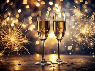 Vintage New Year's Eve Champagne Flutes & Sparkler Celebration