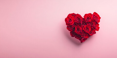 Valentine's Day bouquet devotion concept. Heart-shaped arrangement of red roses on a pink background.