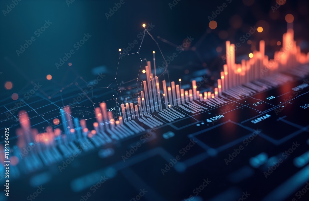 Poster futuristic financial data analysis screen shows glowing line graphs, charts. dynamic info on blurred