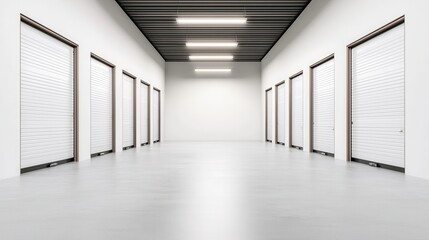 Modern White Storage Units with Roll Up Doors in a Clean Facility