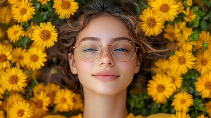 Naklejka premium Serene Young Woman Resting Amidst a Field of Yellow Flowers