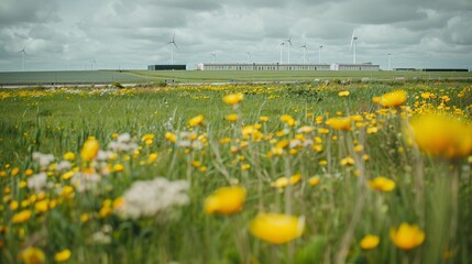 Obraz premium Innovative battery energy storage integrating wind turbines and solar panels in verdant grasslands