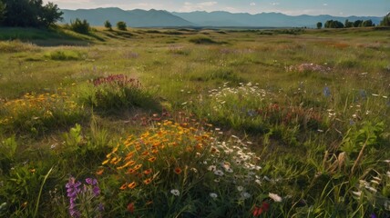 Fototapeta premium A Vibrant Meadow of Wildflowers Bathed in Golden Sunlight, Offering a Serene Escape into Nature's Beauty with Rolling Hills