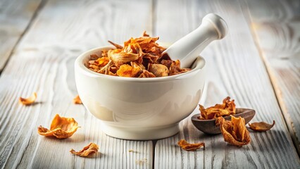 Fototapeta premium Vintage Photo: Close-up of Dried Mace Spice in White Mortar and Pestle