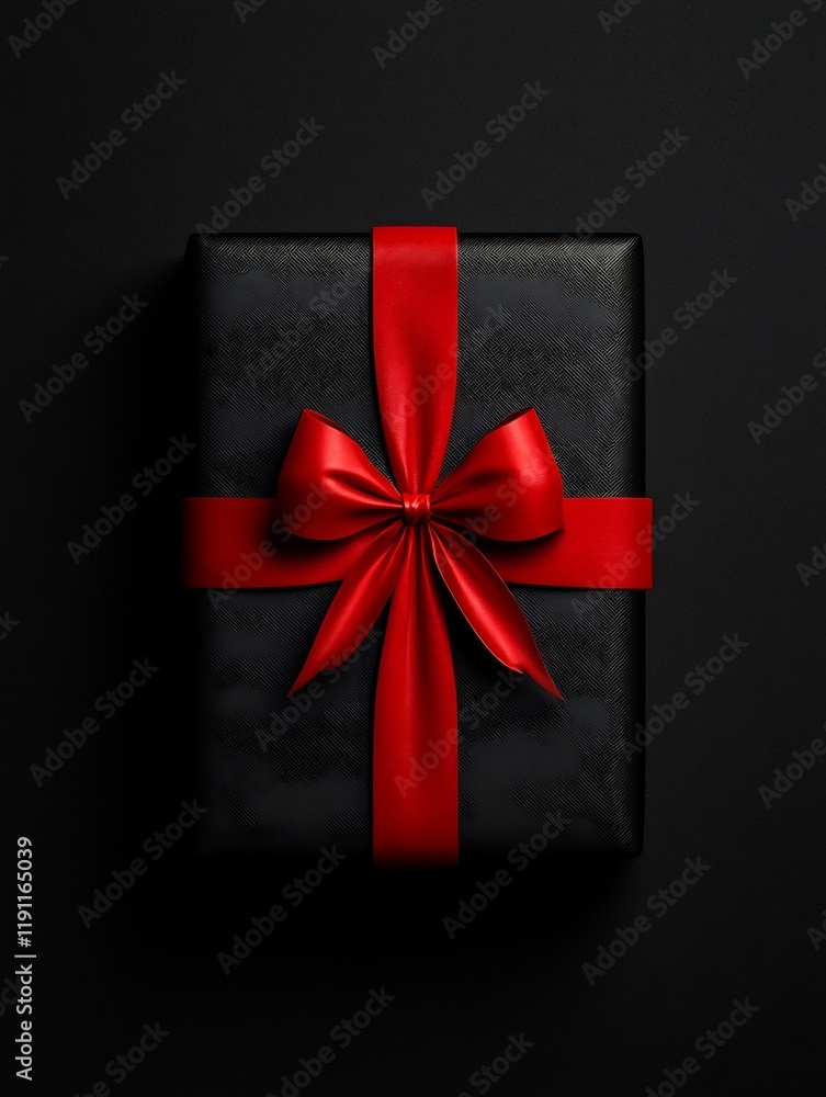 Poster a meticulously wrapped present with a bold red bow centered in the frame against a dark background t