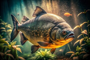 Naklejka premium Vintage Photo: Giant Pacu Fish in Aquarium - Retro Aquatic Life