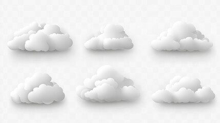 downloadable collection of six stylized white cloud graphics featuring realistic 3d paper vector with cartoon design elements for diverse creative design projects