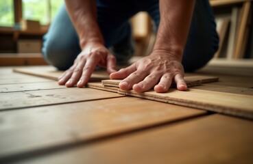 Carpenter installing wooden flooring. Closeup view of hands carefully placing planks. Focus on precision, quality in home improvement project. Interior of workshop. Pro craftsmanship. Renovation